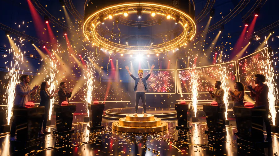 Le gagnant de Quiz Show sur le podium doré sous les confettis