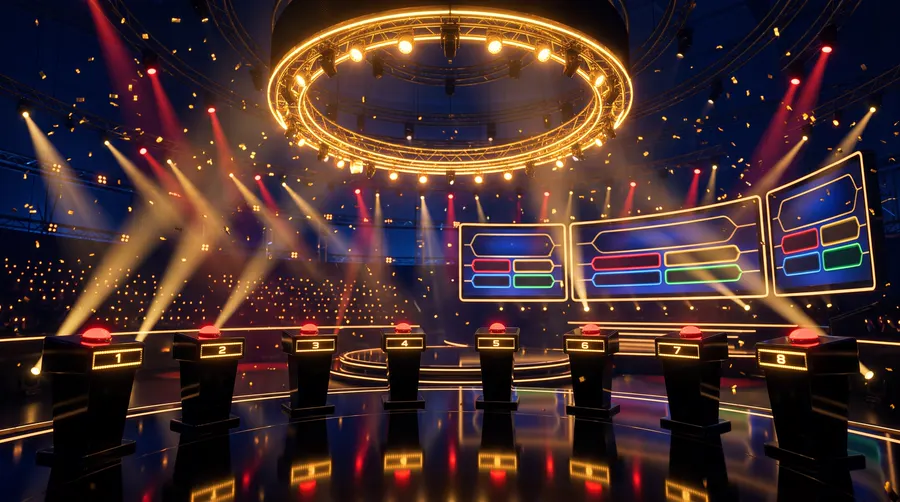 Le plateau Quiz Show à Bienne : 8 pupitres, anneau de lumières dorées et écrans géants